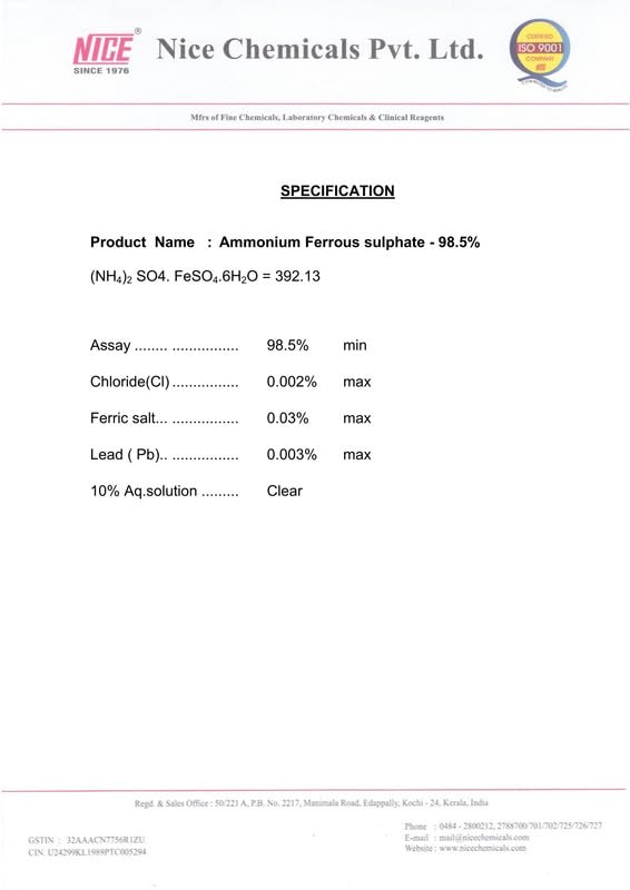 Ammonium Ferrous Sulphate 500gm (Ferrous Ammonium Sulphate) 98.5% NICE