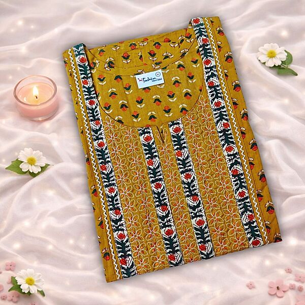 Goldish Yellow Cotton Nighty With Geometric Print All Over From Libas Loungewear - AL1160