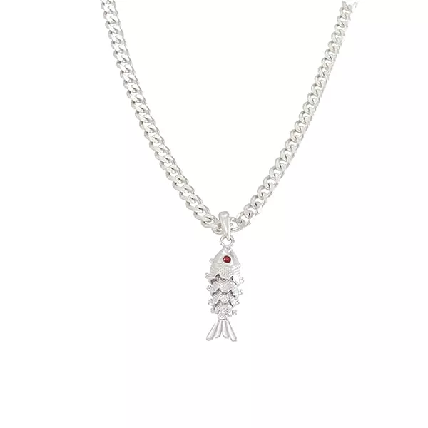 Sterling Silver Chain With Fish Pendant Modern Style For Men