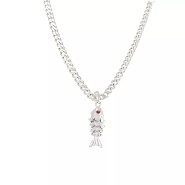 Sterling Silver Chain With Fish Pendant Modern Style For Men