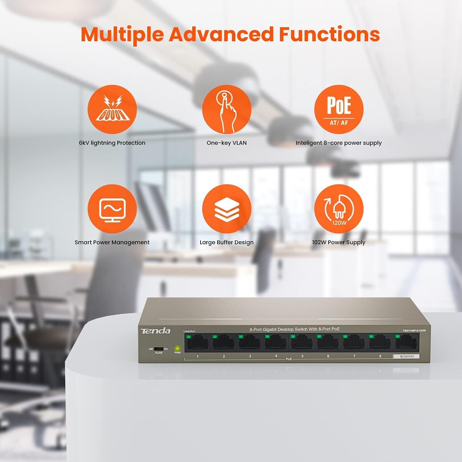 Tenda TEG1109P-8-102W 9-Port Gigabit Desktop Switch with 8-Port PoE