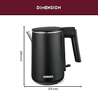 Borosil Cooltouch Electric Kettle, Stainless Steel Inner Body, Boil Water For Tea, Coffee, Soup, 1 L,
