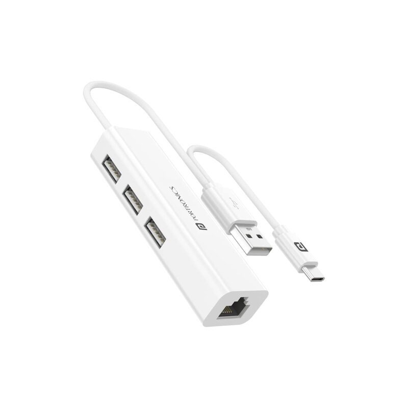 Portronics Mport 60 – USB-C to LAN Hub features 3 USB ports for seamless connectivity. Ideal for laptops, it ensures stable internet access and multiple device connections in one compact design.