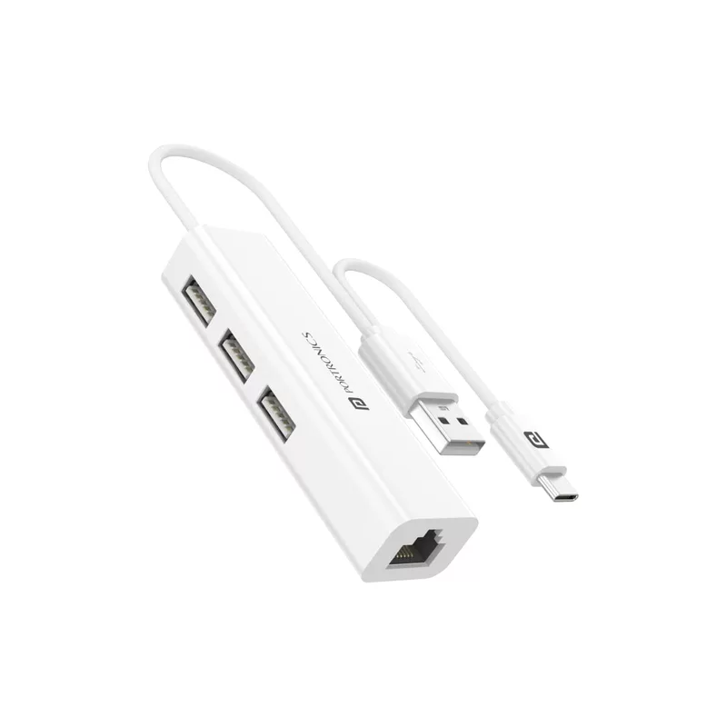 Portronics Mport 60 – USB-C to LAN Hub features 3 USB ports for seamless connectivity. Ideal for laptops, it ensures stable internet access and multiple device connections in one compact design.