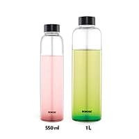 Borosil Crysto Slim Glass Water Bottle, Water Bottle for Fridge, Borosilicate Glass, Extreme Temperature Resistant, For Hot & Cold Water, Milk, Lassi, Juice, Black Lid, 550 ml, Stylish & Transparent