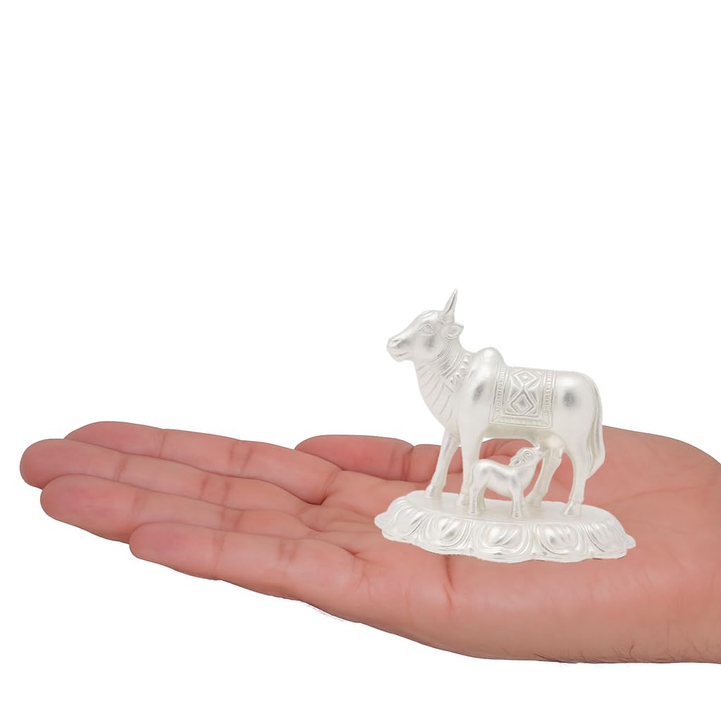 Silver Cow and Calf Idol | Komatha Statue for Pooja & Gifting