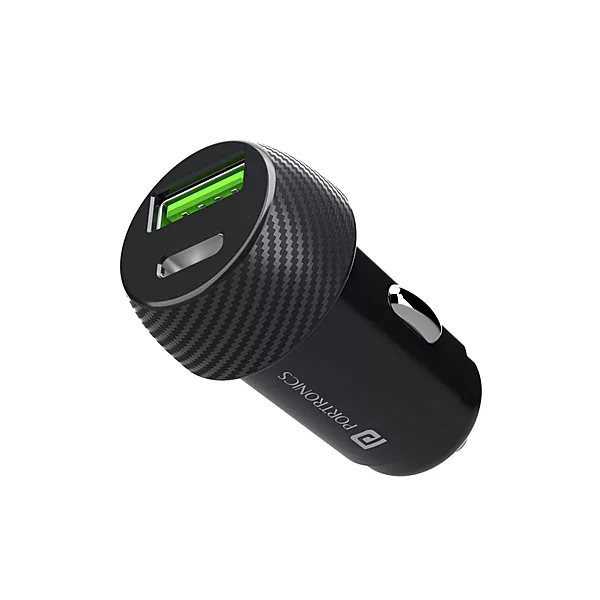 Portronics 20W Car Charger offers Type-C PD and USB ports for rapid charging. Compact, durable, and universally compatible for convenience.