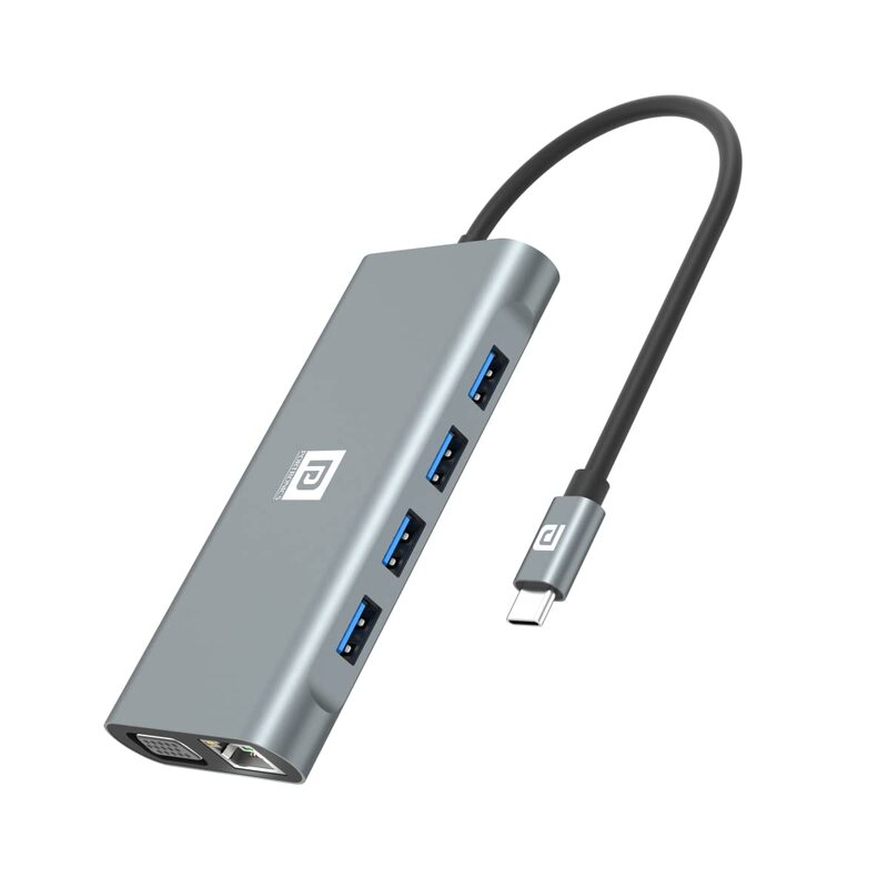 Portronics Mport 11C – 11-in-1 USB-C Hub, featuring 4K HDMI output, Power Delivery, multiple USB ports, SD card reader, and Ethernet, perfect for expanding your device connectivity.