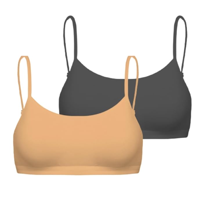 Girls Padded Training Bra, Crop Cami Training Bras for Girls. Sports bra with Non-Removable Padding, Uniform bra, Starter Bra, Begginers Bra back and beige (pack of 2)