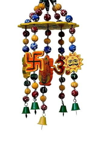 EELIKA Wooden Jhoomar handmade and handpainted Wind Chimes with beautiful symbols, beads and bells for home and balcony (both indoor and outdoor) || positive energy || home decor