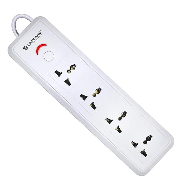Lapcare LAPEX‑123 extension board: 4 universal sockets with single LED-switch, 2 m cord, 6 A/1440W rating and built‑in surge protection.