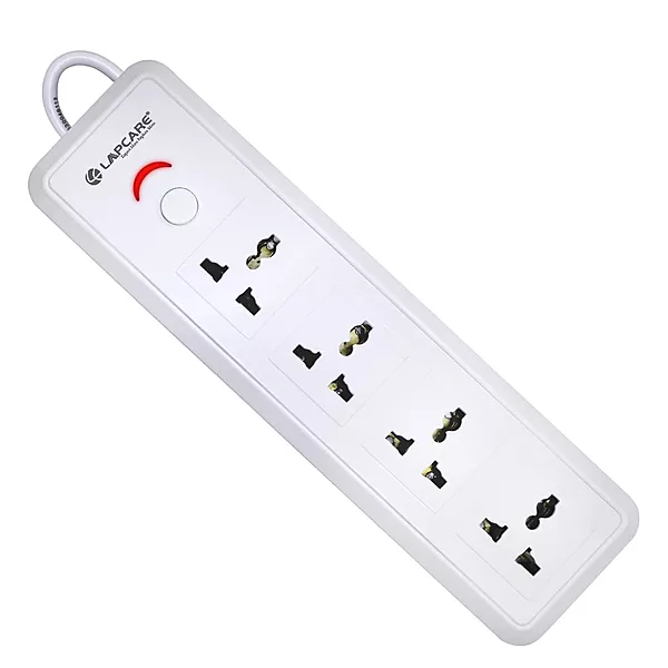 Lapcare LAPEX‑123 extension board: 4 universal sockets with single LED-switch, 2 m cord, 6 A/1440W rating and built‑in surge protection.