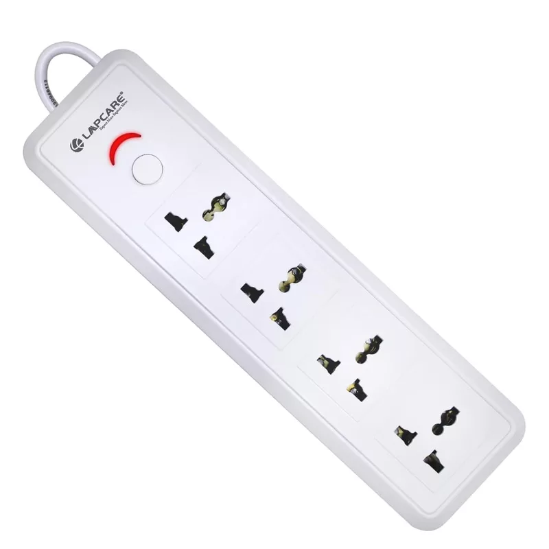 Lapcare LAPEX‑123 extension board: 4 universal sockets with single LED-switch, 2 m cord, 6 A/1440W rating and built‑in surge protection.