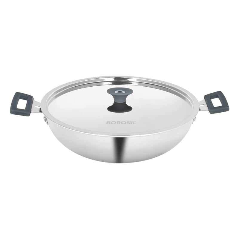Borosil Cookfresh Tri-ply Stainless Steel Kadhai with Lid, Induction Friendly, 2.5 L, 24 cm Dia
