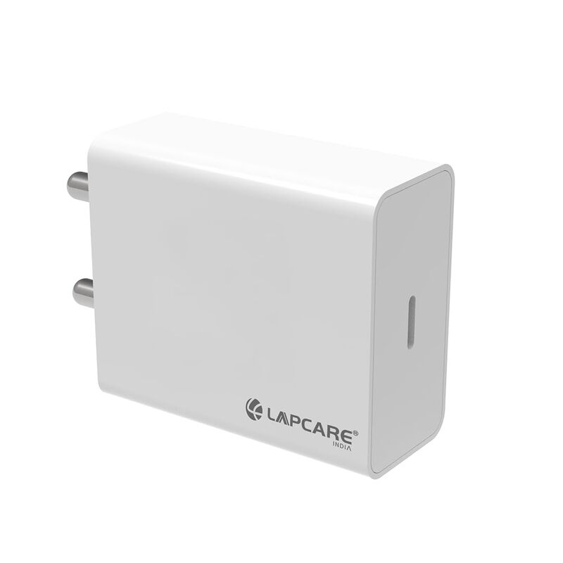 Lapcare Wall Charger LWC 603 features dual USB ports (USB‑A + Type‑C), 5 V/3 A total output, universal 100‑240 V input, built‑in short‑circuit & surge protection, with LED status indicator.