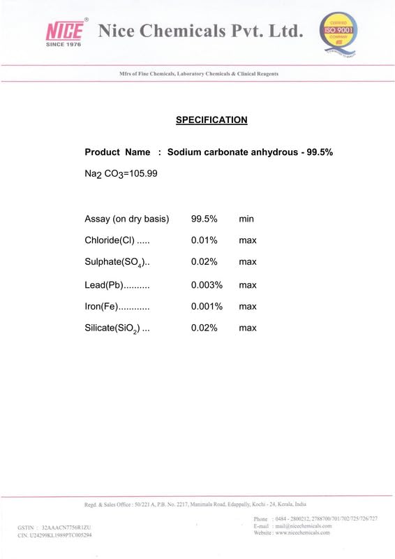 Sodium Carbonate Anhydrous 500gm 99.5% NICE
