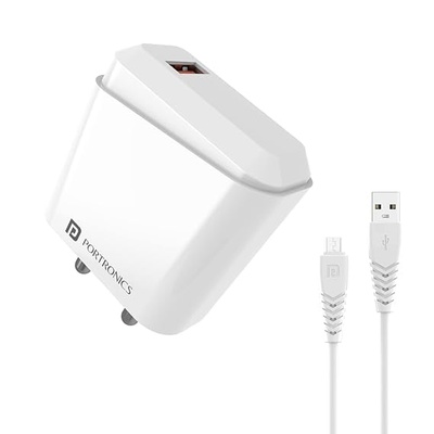 Portronics Adapto 40 M, 18w 3A Mach USB Fast Charging Adaptor,Comes with 1M Micro USB Charging Cable, Single Port Wall Charger for iPhone Portronics Adapto 40 M, 18w 3A Mach USB Fast Charging Adaptor,Comes with 1M Micro USB Charging Cable, Single Port Wall Charger for iPhone