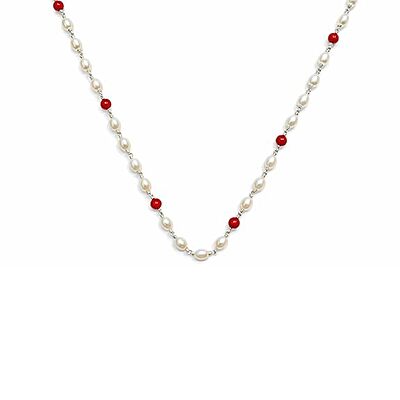925 Sterling Silver Pearl and Red Mani Mala – Silver Tied Pearl Necklace with Red Beads