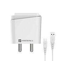 Portronics Adapto 41C USB Charger with Cable – 12W Fast Charging | Single Port Wall Charger | Universal Device Compatibility | White