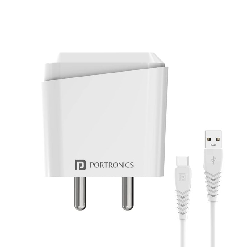 Portronics 10036 Adapto 40C Charger – 18W Single USB Port | Type-C Cable Included | White