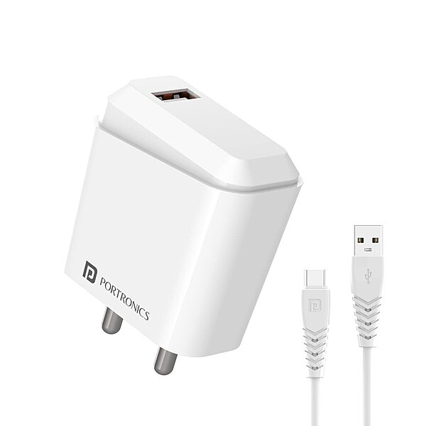 Portronics 10032 Adapto 41C Charger – 2.4A Single USB Port | Type-C Cable Included | White