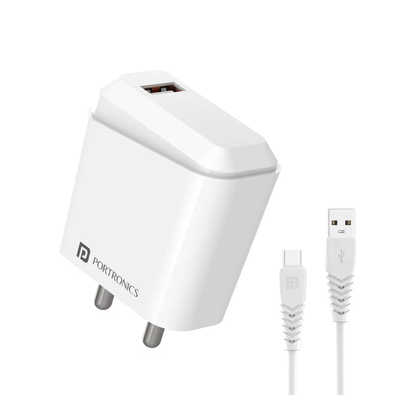 Portronics 10032 Adapto 41C Charger – 2.4A Single USB Port | Type-C Cable Included | White