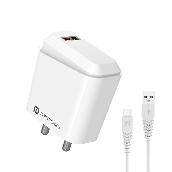Portronics 10034 Adapto 42C Charger – 2.4A Dual USB Port | Type-C Cable Included | White