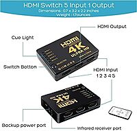 Tobo 5-Port HDMI Switch with Remote IR – 5 Input 1 Output | Supports 4K, Full HD 1080p & 3D | HDMI Switcher TD-470H