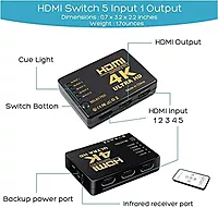 Tobo 5-Port HDMI Switch with Remote IR – 5 Input 1 Output | Supports 4K, Full HD 1080p & 3D | HDMI Switcher TD-470H