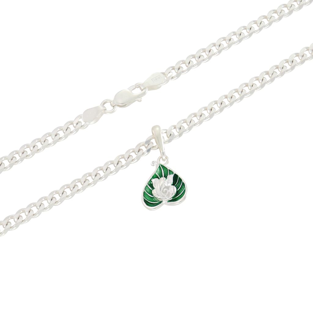 Sterling Silver (92.5% purity) Curb Cuban Chain with Green Leaf Lord Vinayagar Swastik Pendant