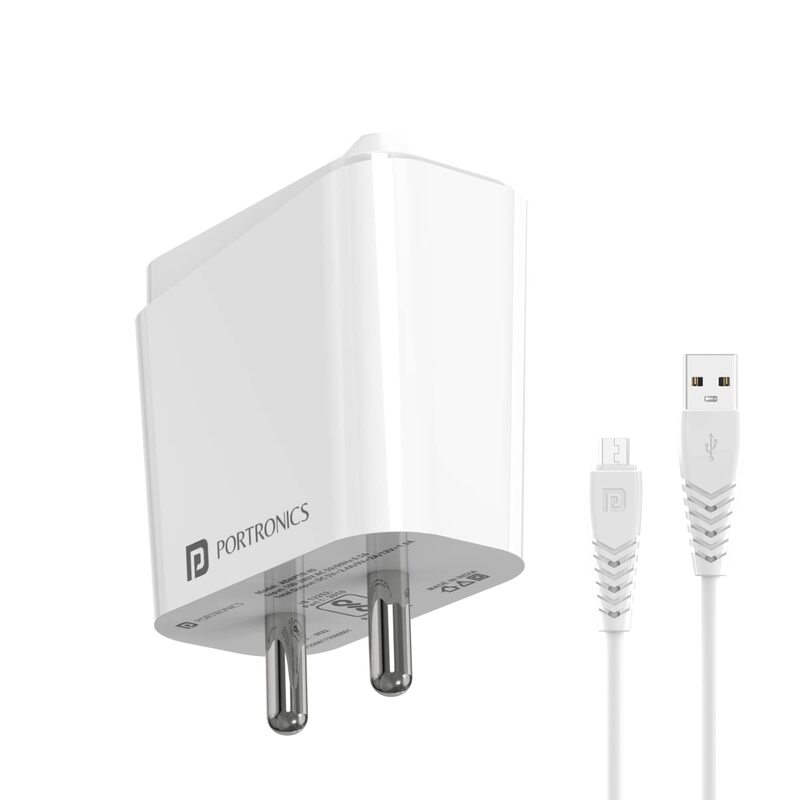 Portronics Adapto 41M This 12W charger comes with a durable Micro USB cable, ensuring fast and efficient charging for all your gadgets. Compact and reliable!