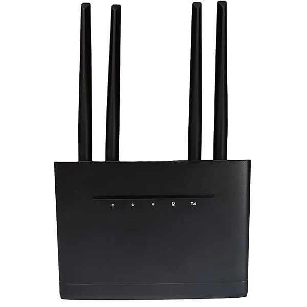 Lapcare W123: 4G SIM Wi‑Fi router with Mini‑SIM slot, quad external antennas, 2.4 GHz (802.11b/g/n) up to 300 Mbps LAN/WAN ports, ideal for small offices and CCTV.