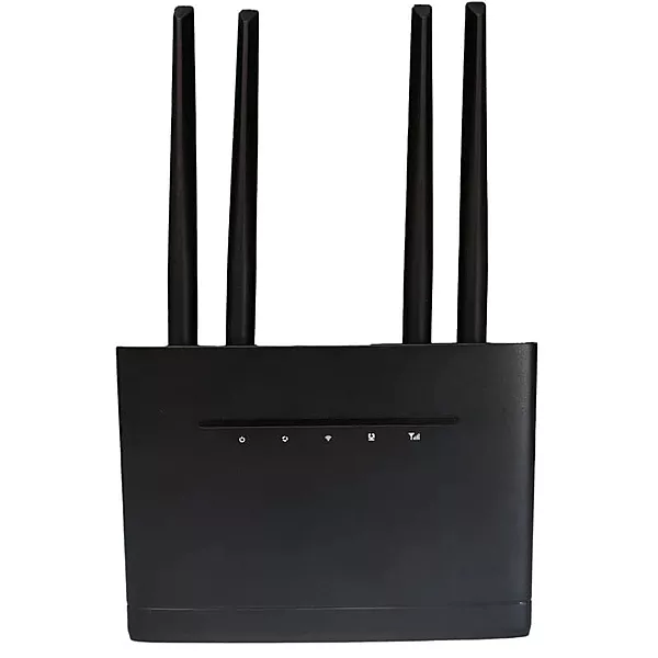 Lapcare W123: 4G SIM Wi‑Fi router with Mini‑SIM slot, quad external antennas, 2.4 GHz (802.11b/g/n) up to 300 Mbps LAN/WAN ports, ideal for small offices and CCTV.