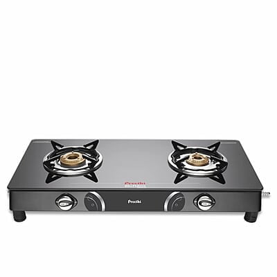Preethi Blu Flame Gleam Glass Top 2-Burner Manual Gas Stove (Black) (ISI Certified)