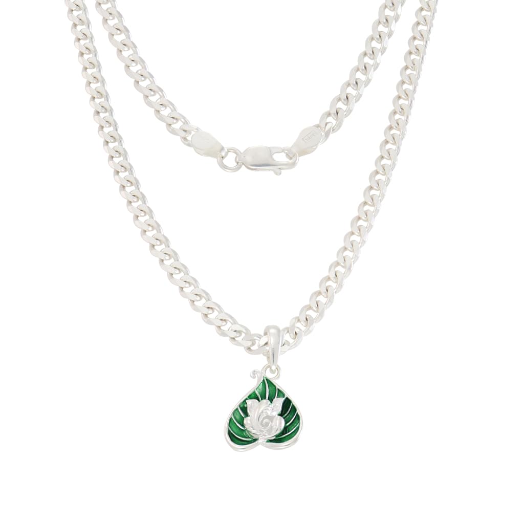 Sterling Silver (92.5% purity) Curb Cuban Chain with Green Leaf Lord Vinayagar Swastik Pendant