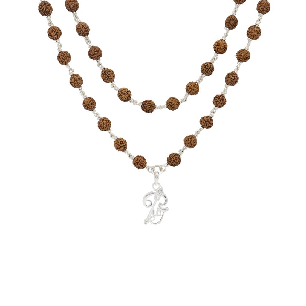 Original Rudraksha Mala in Silver with Om Pendant | Certified Original Rudraksha Mala in Silver with Om Pendant | Certified