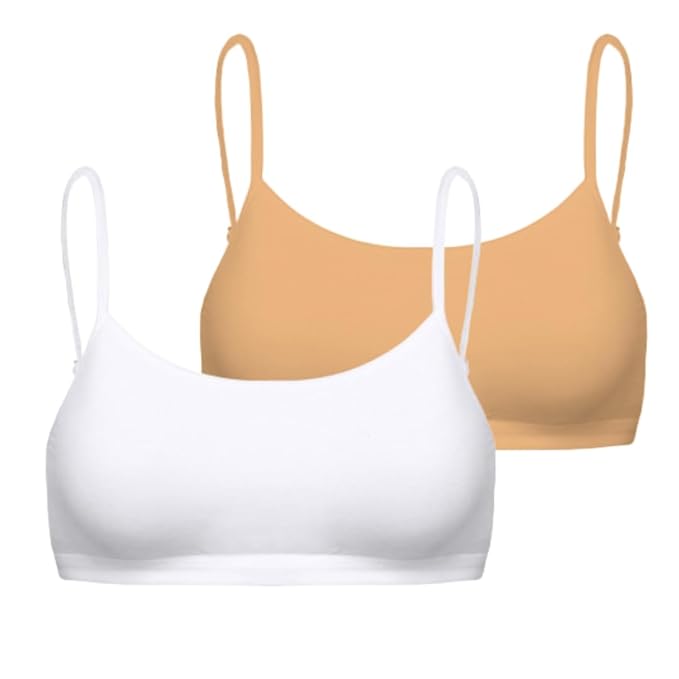 Girls Padded Training Bra, Crop Cami Training Bras for Girls. Sports bra with Non-Removable Padding, Uniform bra, Starter Bra, Begginers Bra white and beige (pack of 2)
