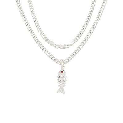 Sterling Silver Chain With Fish Pendant Modern Style For Men