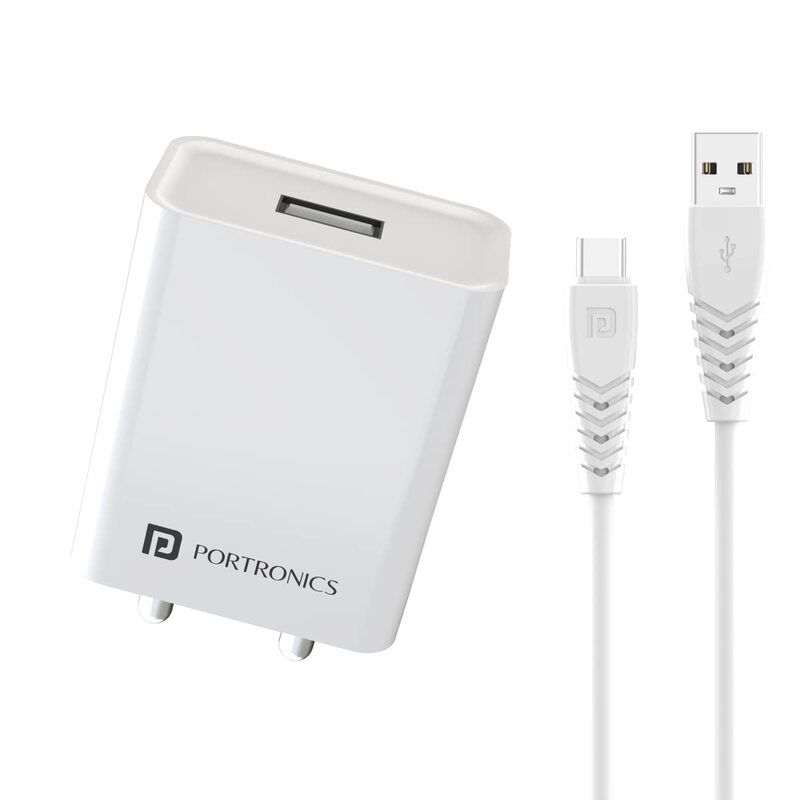 Portronics Adapto 62 USB Wall Charger. Featuring a powerful 2.4A output, it ensures fast and efficient charging for smartphones and tablets. Compact design!