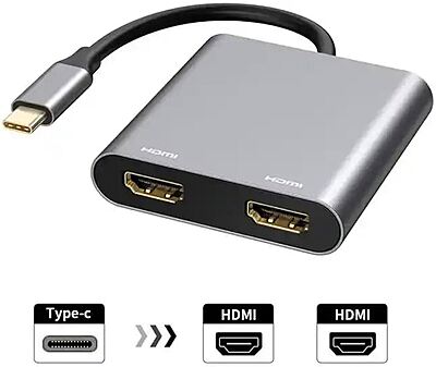 HAMMOK OSCAR USB-C to Dual HDMI Adapter connects two displays, supports 4K resolution, plug-and-play, ideal for presentations and entertainment.