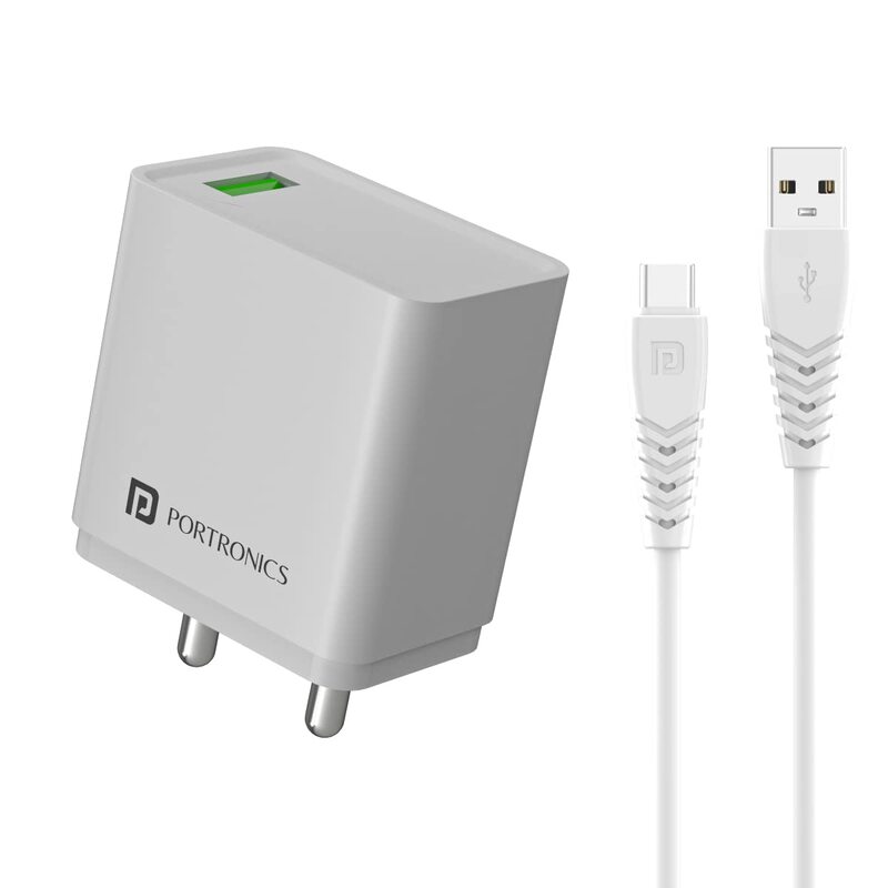 Portronics 1104 Adapto ONE Charger – 3A Quick Charger | Single USB Port | Type-C Cable | White