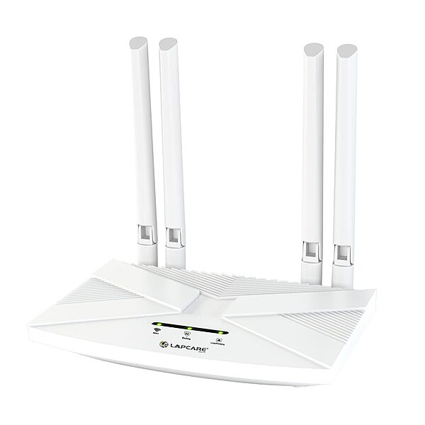 Lapcare W‑III 4G LTE SIM router: 300 Mbps 2.4 GHz Wi‑Fi (802.11b/g/n), Nano‑SIM slot, external antenna, supports up to 32 devices—ideal for home/office backup.