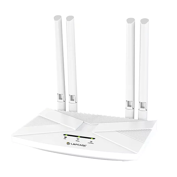 Lapcare W‑III 4G LTE SIM router: 300 Mbps 2.4 GHz Wi‑Fi (802.11b/g/n), Nano‑SIM slot, external antenna, supports up to 32 devices—ideal for home/office backup.