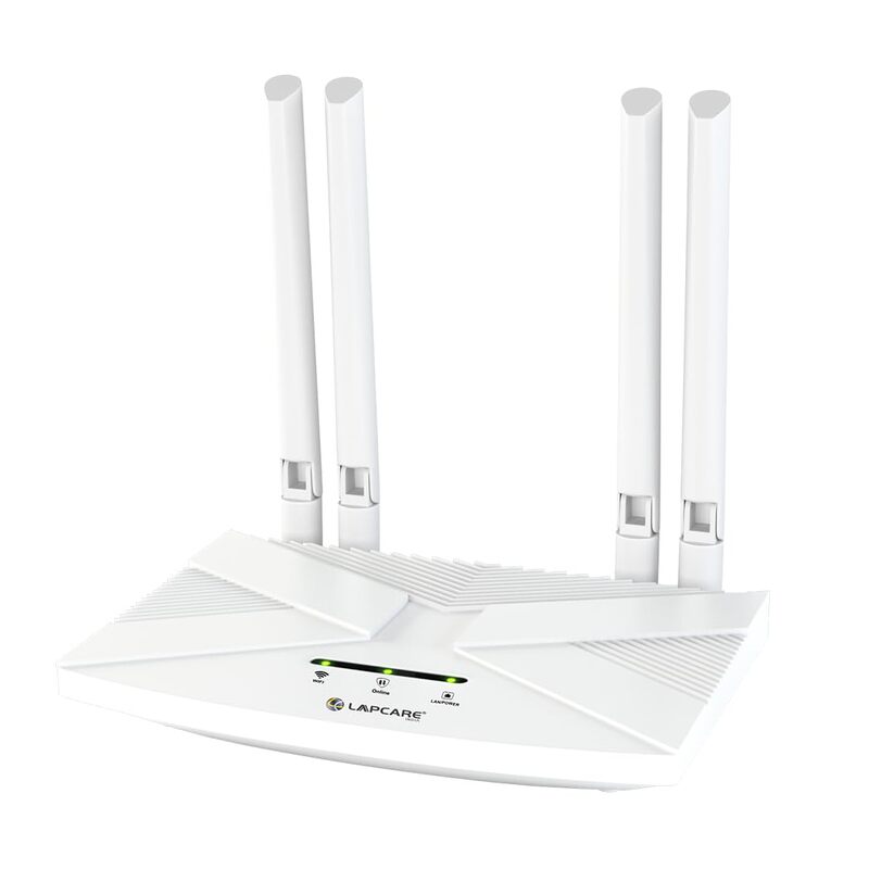 Lapcare W‑III 4G LTE SIM router: 300 Mbps 2.4 GHz Wi‑Fi (802.11b/g/n), Nano‑SIM slot, external antenna, supports up to 32 devices—ideal for home/office backup.