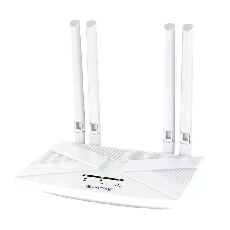 Lapcare W‑III 4G LTE SIM router: 300 Mbps 2.4 GHz Wi‑Fi (802.11b/g/n), Nano‑SIM slot, external antenna, supports up to 32 devices—ideal for home/office backup.