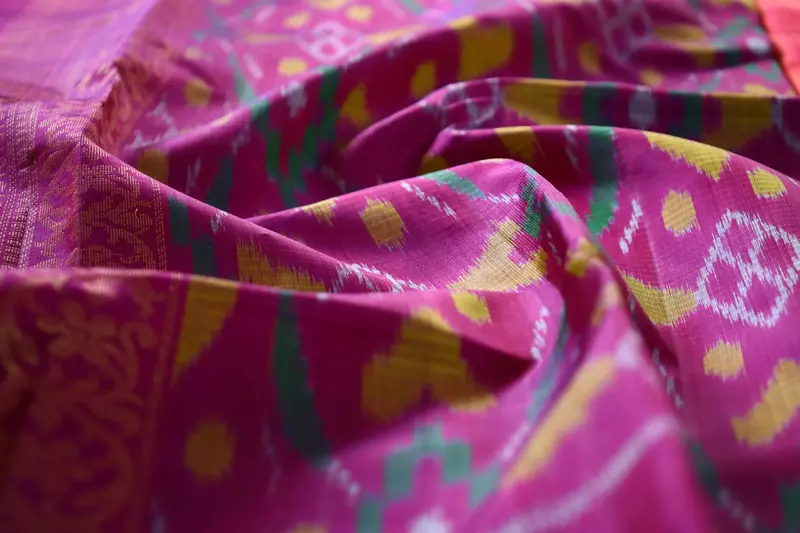 Magenta Ikat Silk Saree with Gold Zari Border & butta with ikat blouse