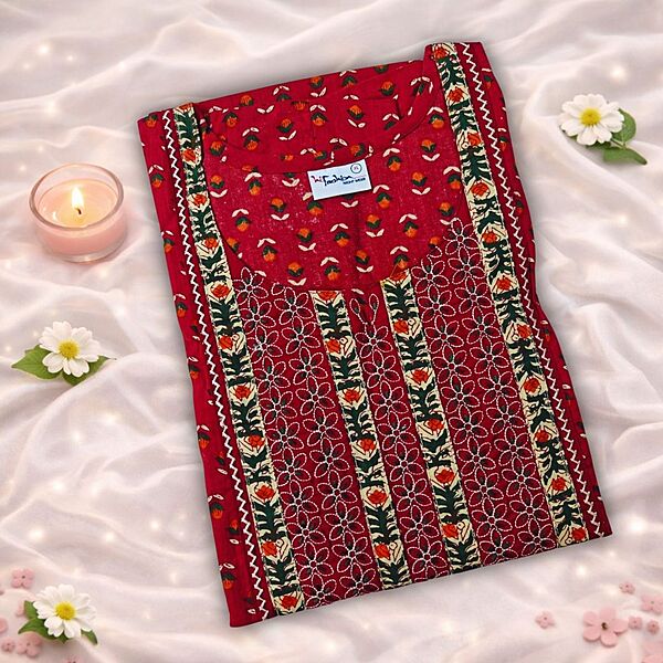 Cherry Red Cotton Nighty With Geometric Print All Over From Libas Loungewear - AL1161
