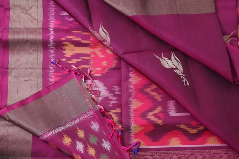 Magenta Ikat Silk Saree with Deer Zari Motifs & Handwoven Border & ikat blouse | Handloom Saree