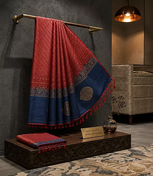 Navy blue soft silk saree with maroon zari border