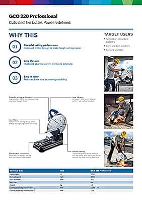 Bosch GCO 220 Corded Electric Metal Cut Off / Chop Saw, 2,200W, 3,800 rpm, Robust Base, 355 mm Cutting disc dia., 15 kg + 1 Bosch cutting disc, 1 Year Warranty